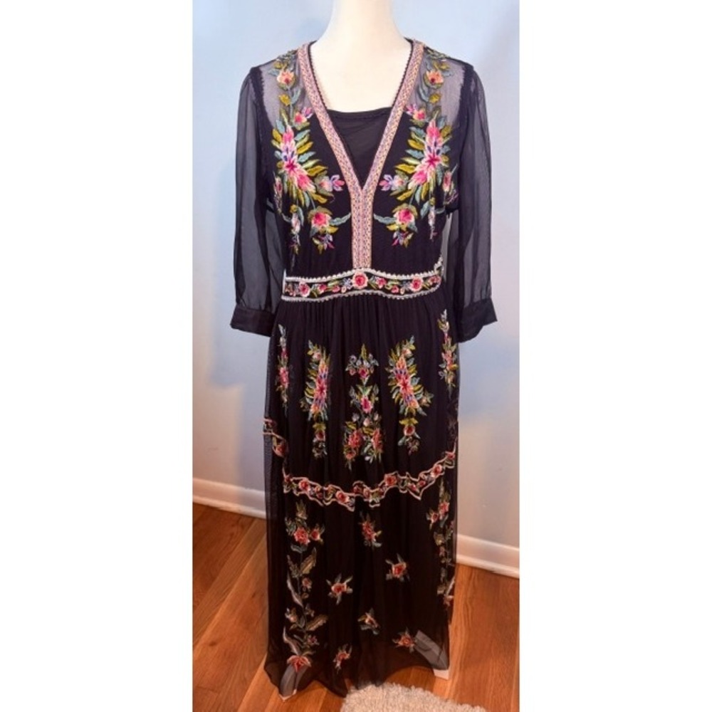 Sundance Embroidered Mesh Maxi Dress No Tag Fits M-L Black Floral Boho Sheer